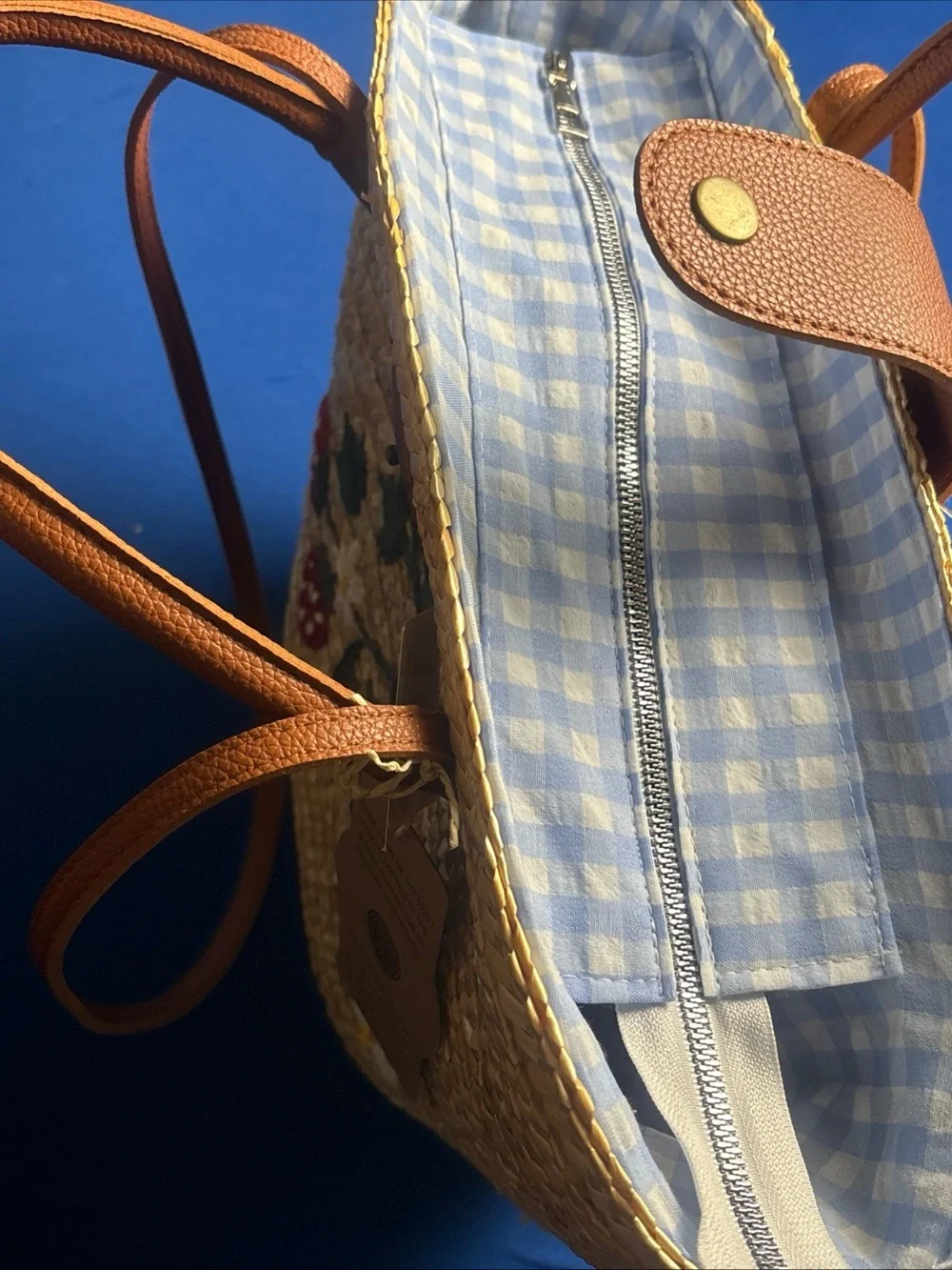 Source Unknown Straw Tote with Red Strawberry Embroidery and Tan Handles
